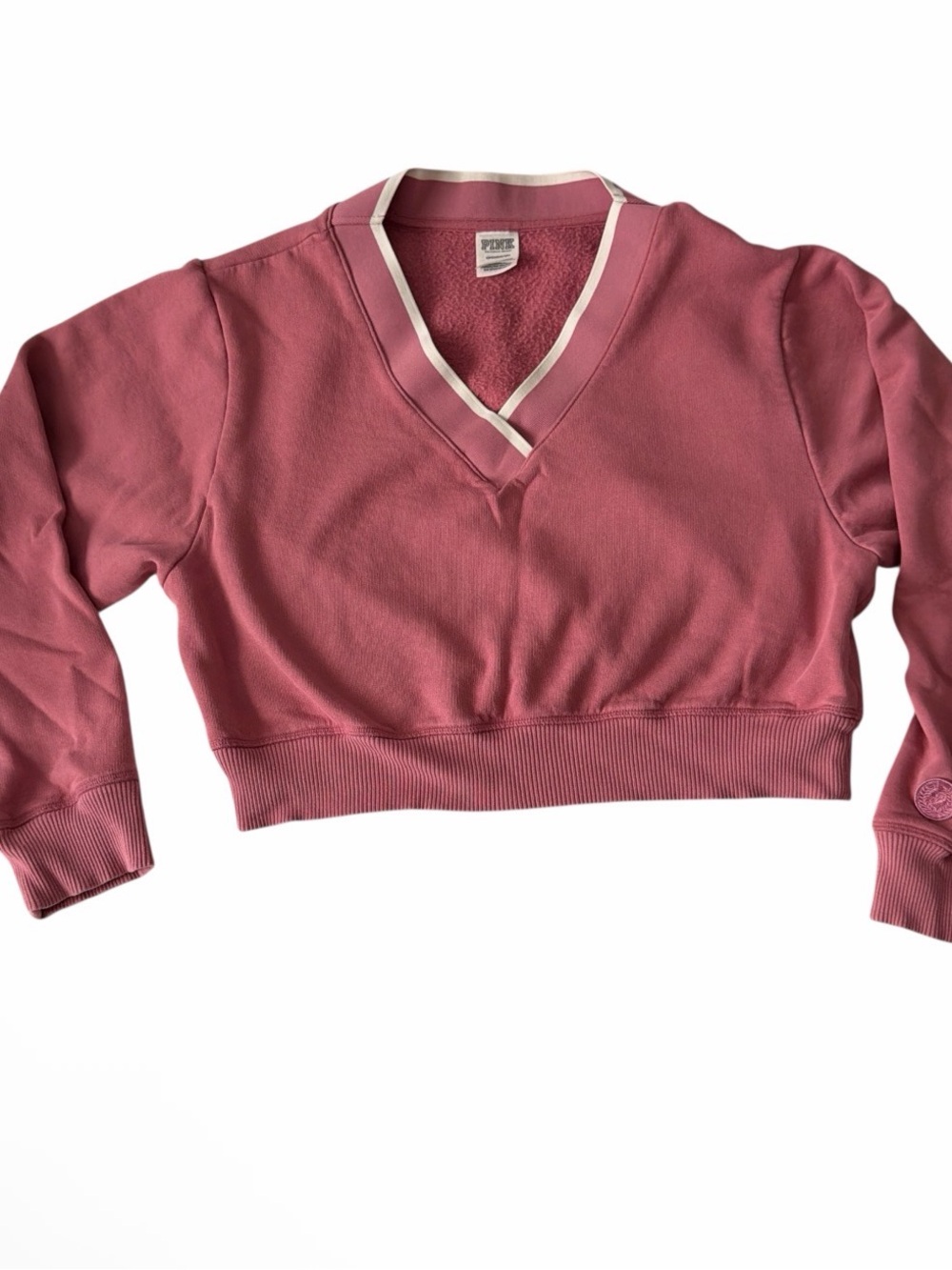 PINK Victoria's Secret Crop Rose Pink V-Neck Pullover with White Trim size s